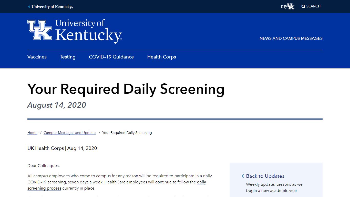 Your Required Daily Screening | Coronavirus